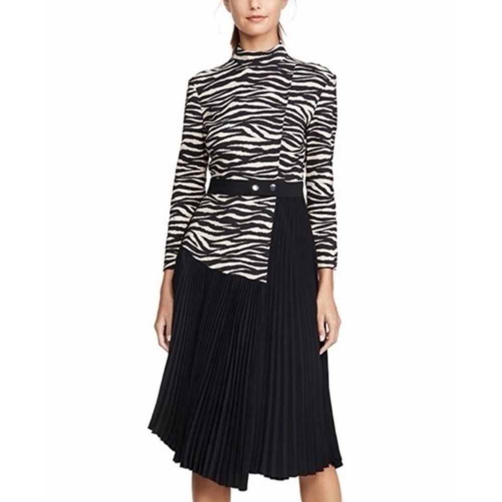 ALC Peyton Zebra Print Combo Pleated Asymmetrical Midi Dress Size 8